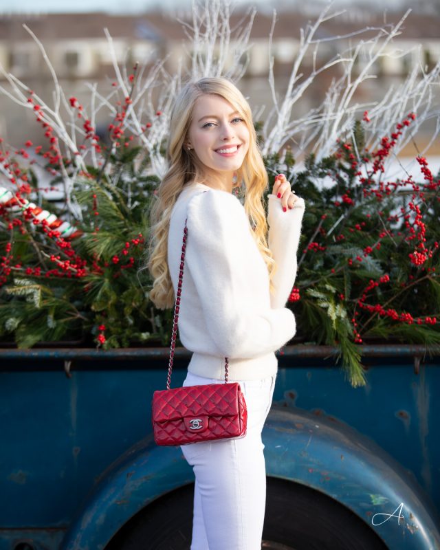 winter white look with pop of red