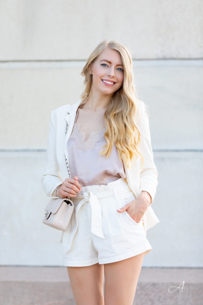 white blazer with shorts look