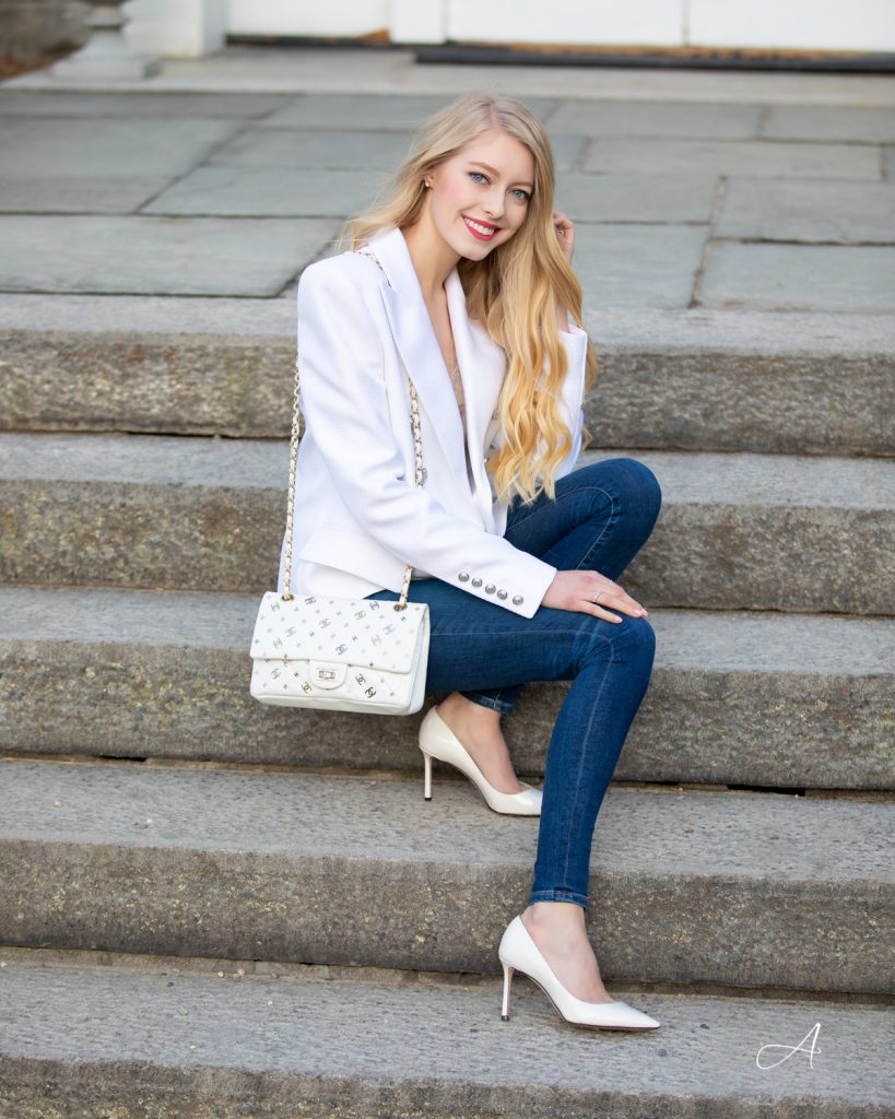 White blazer shop with silver buttons