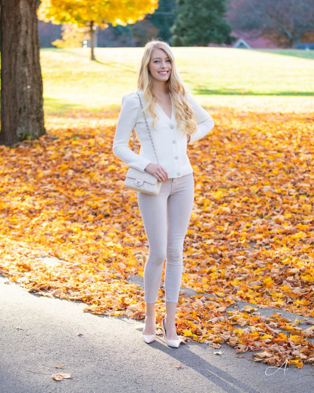 crystal button cardigan puff shoulder all beige fall outfit