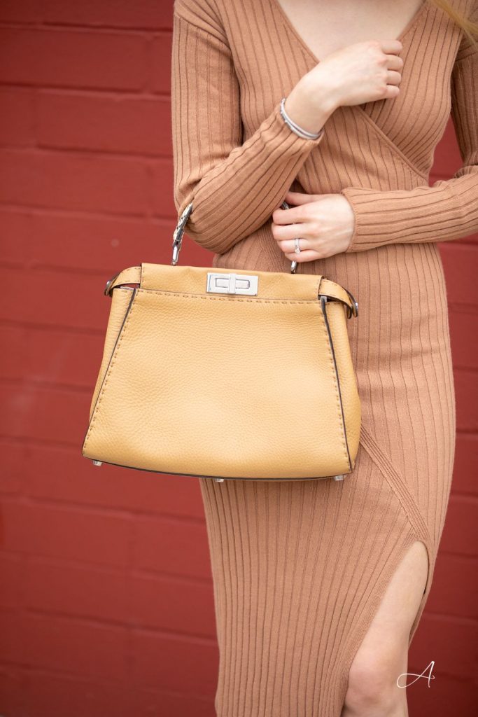 Caramel Sweater Dress for Fall with Fendi Peekaboo Bag Alyssa