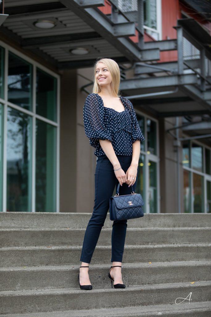 white polka dot blouse