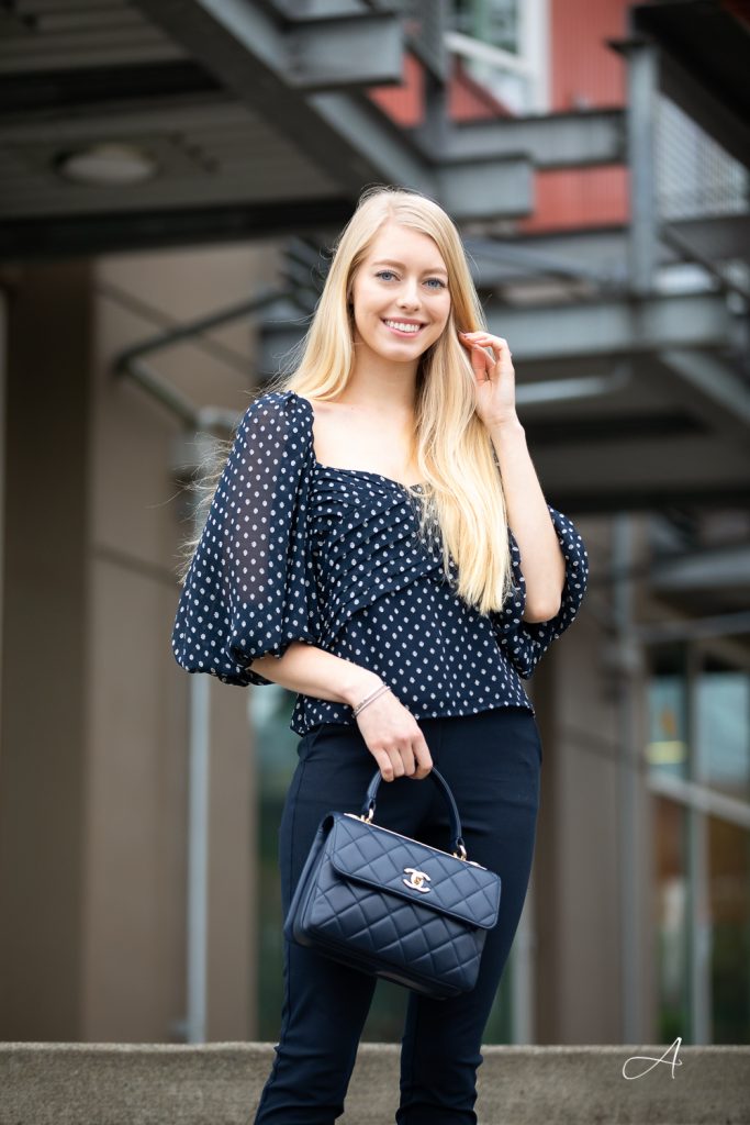 Navy blue white polka cheap dot blouse