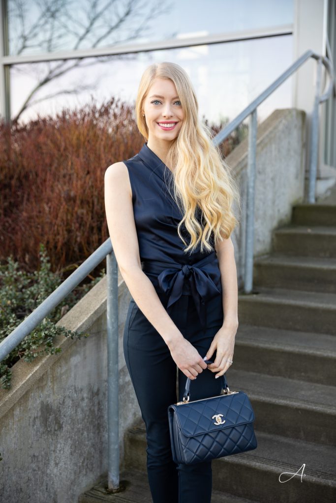 Red Bodysuit Styled with a Louis Vuitton Logomania Scarf - Alyssa Smirnov