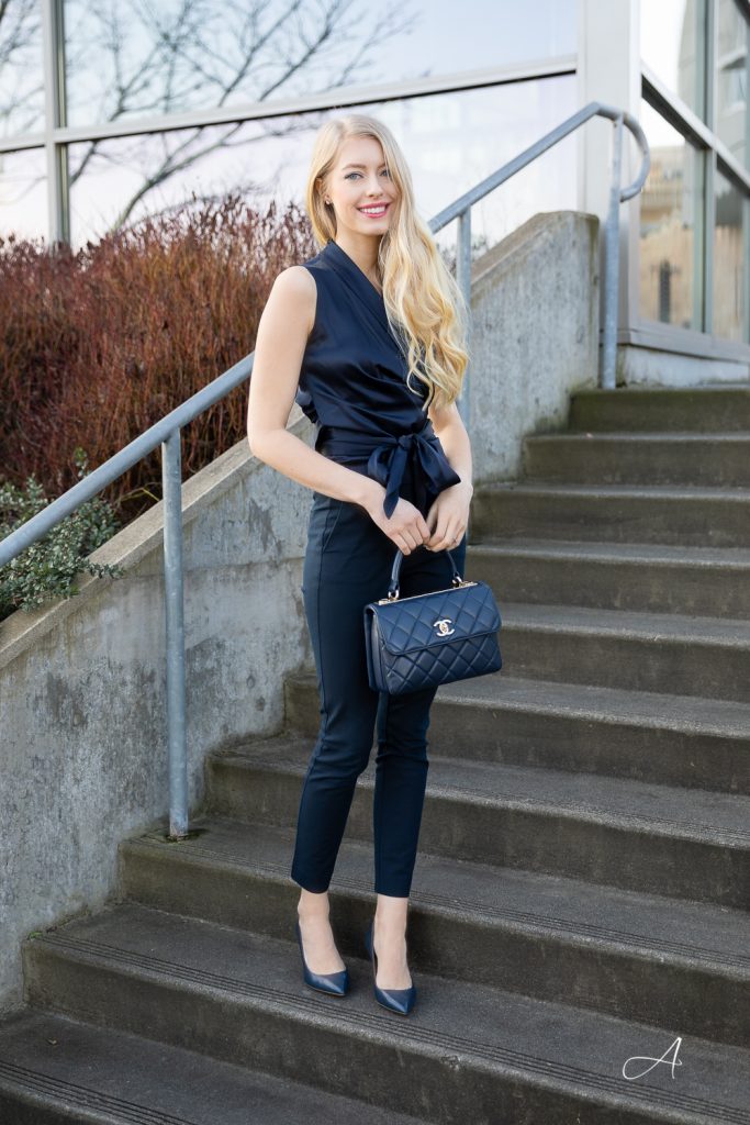 navy look with silk wrap top and trousers, professional work style