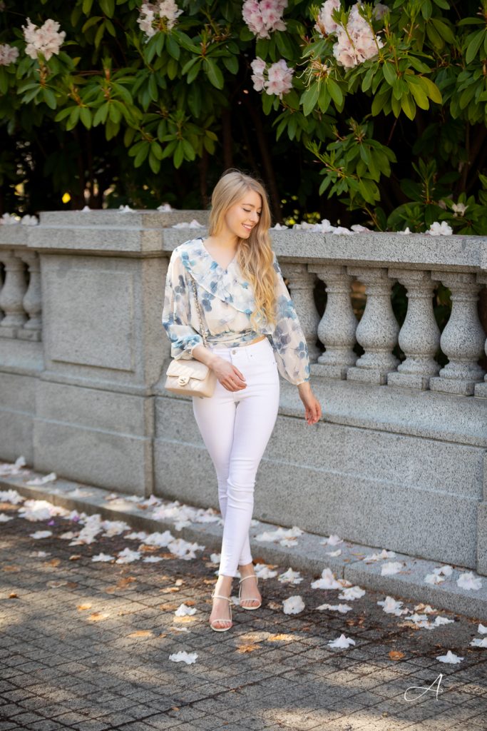 wrap floral top white jeans