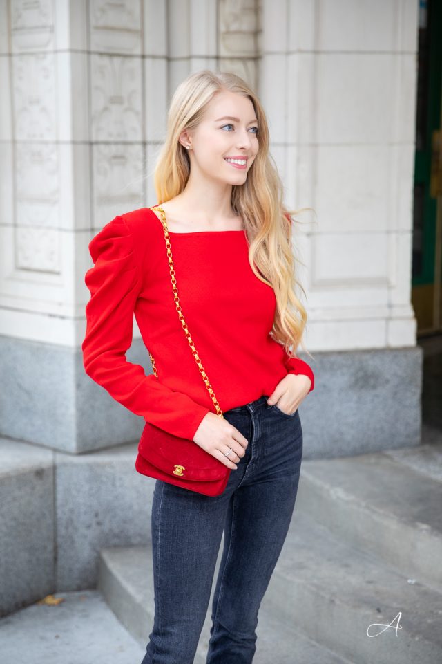 Red Sweater Puff Sleeve Top