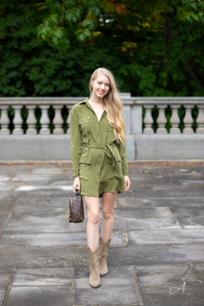 Olive Silk Shirt Dress with the Isabel Marant Duerto Boots