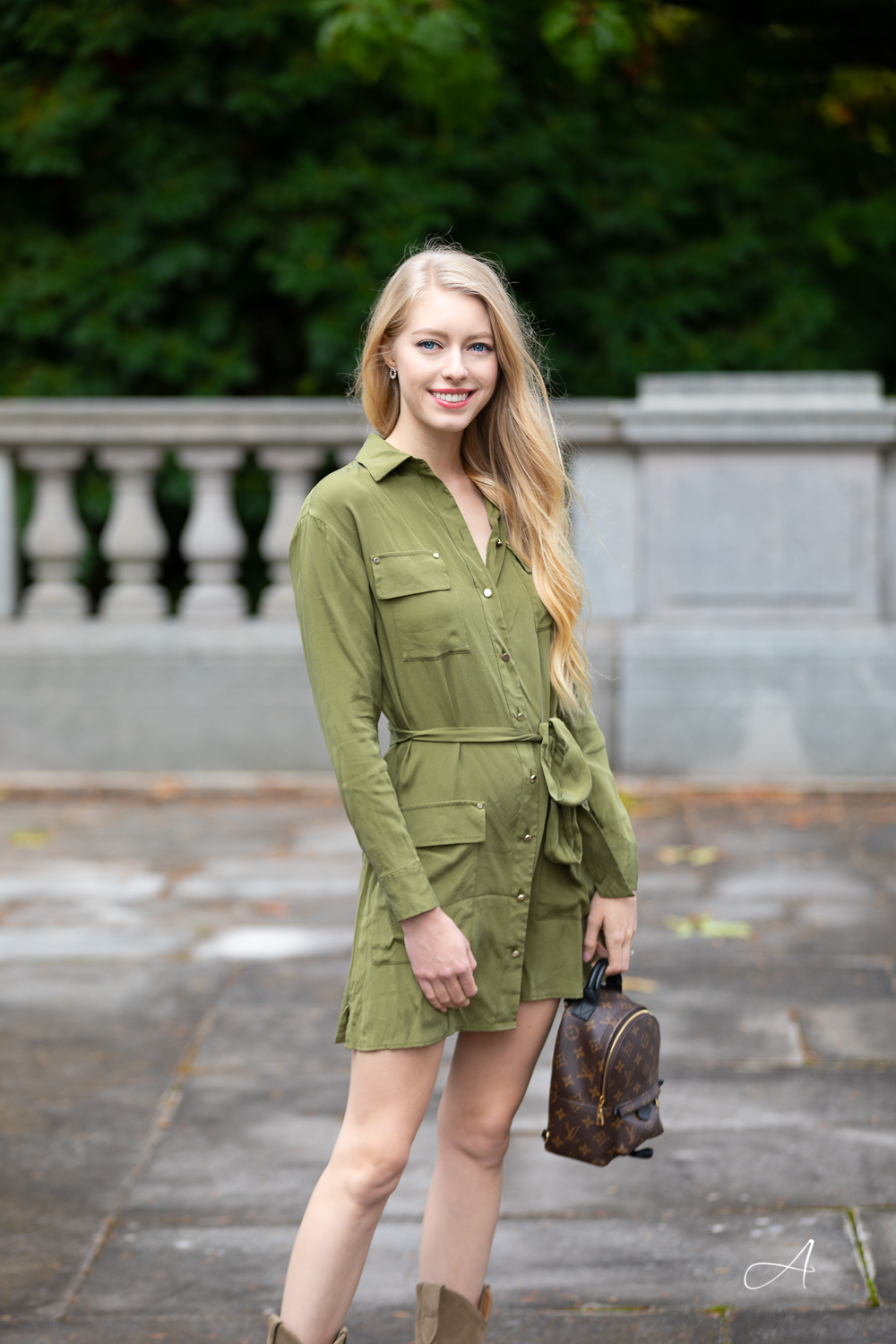 Olive Silk Shirt Dress with the Isabel Marant Duerto Boots - Alyssa Smirnov